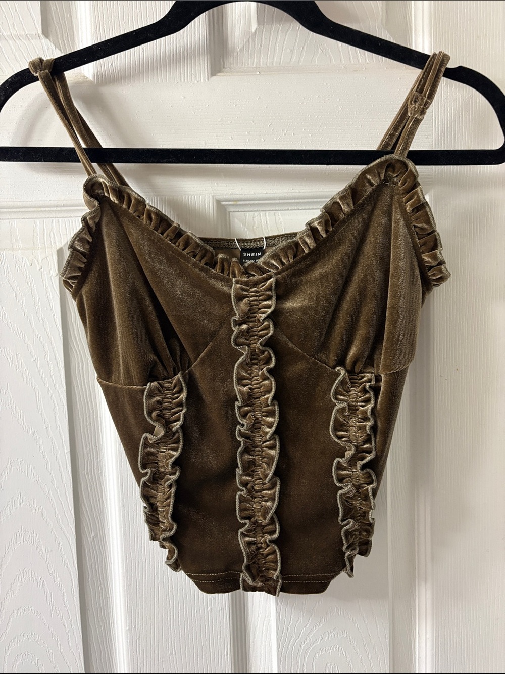 Olive Brown Velvet-ish Ruffle Trim Cropped Cami
